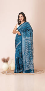 Azure Pure Silk Kantha Saree with Floral Motifs-Kantha saree-parinitasarees