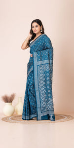 Azure Pure Silk Kantha Saree with Floral Motifs-Kantha saree-parinitasarees