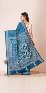 Azure Pure Silk Kantha Saree with Floral Motifs-Kantha saree-parinitasarees