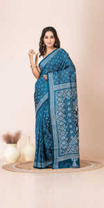 Azure Pure Silk Kantha Saree with Floral Motifs-Kantha saree-parinitasarees