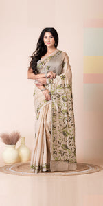 Beige Blended Silk Kantha Saree with Floral Motifs-Kantha saree-parinitasarees