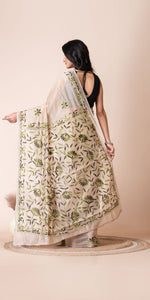 Beige Blended Silk Kantha Saree with Floral Motifs-Kantha saree-parinitasarees