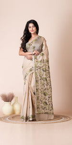 Beige Blended Silk Kantha Saree with Floral Motifs-Kantha saree-parinitasarees