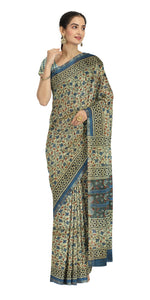 Beige Chanderi Saree with Kalamkari Block Prints-Chanderi Sarees-parinitasarees