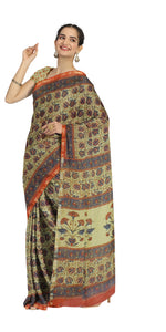 Beige Chanderi Saree with Kalamkari Block Prints-Chanderi Sarees-parinitasarees