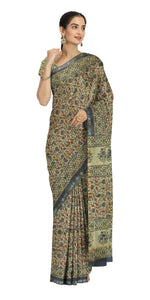 Beige Chanderi Saree with Kalamkari Block Prints-Chanderi Sarees-parinitasarees