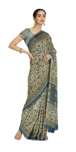 Beige Chanderi Saree with Kalamkari Block Prints-Chanderi Sarees-parinitasarees