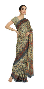 Beige Chanderi Saree with Kalamkari Block Prints-Chanderi Sarees-parinitasarees