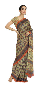 Beige Chanderi Saree with Kalamkari Block Prints-Chanderi Sarees-parinitasarees