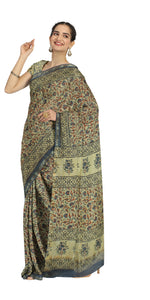 Beige Chanderi Saree with Kalamkari Block Prints-Chanderi Sarees-parinitasarees