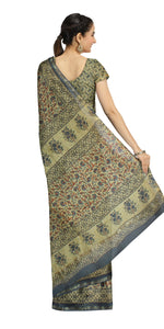 Beige Chanderi Saree with Kalamkari Block Prints-Chanderi Sarees-parinitasarees