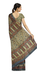 Beige Chanderi Saree with Kalamkari Block Prints-Chanderi Sarees-parinitasarees