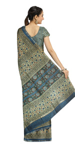 Beige Chanderi Saree with Kalamkari Block Prints-Chanderi Sarees-parinitasarees