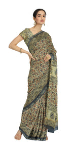 Beige Chanderi Saree with Kalamkari Block Prints-Chanderi Sarees-parinitasarees