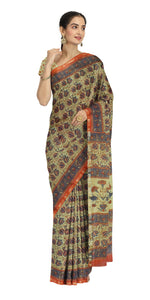 Beige Chanderi Saree with Kalamkari Block Prints-Chanderi Sarees-parinitasarees