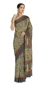 Beige Chanderi Saree with Kalamkari Block Prints-Chanderi Sarees-parinitasarees