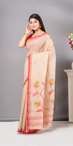 Beige Cotton Jamdani with Floral Motifs-Jamdani saree-parinitasarees