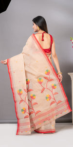 Beige Cotton Jamdani with Floral Motifs-Jamdani saree-parinitasarees