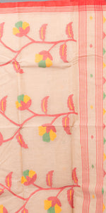 Beige Cotton Jamdani with Floral Motifs-Jamdani saree-parinitasarees