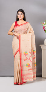 Beige Cotton Jamdani with Floral Motifs-Jamdani saree-parinitasarees