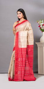 Beige Gopalpur Tussar Silk Saree with Ikat Pattern-Tussar Saree-parinitasarees