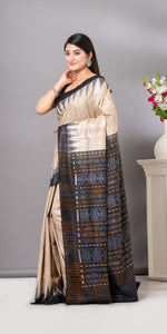 Beige Gopalpur Tussar Silk Saree with Ikat Pattern-Tussar Saree-parinitasarees