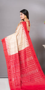 Beige Gopalpur Tussar Silk Saree with Ikat Pattern-Tussar Saree-parinitasarees