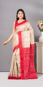 Beige Gopalpur Tussar Silk Saree with Ikat Pattern-Tussar Saree-parinitasarees