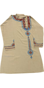 Beige Panjabi with Maroon and Blue Kantha Embroidery-Men's Kurtas-parinitasarees