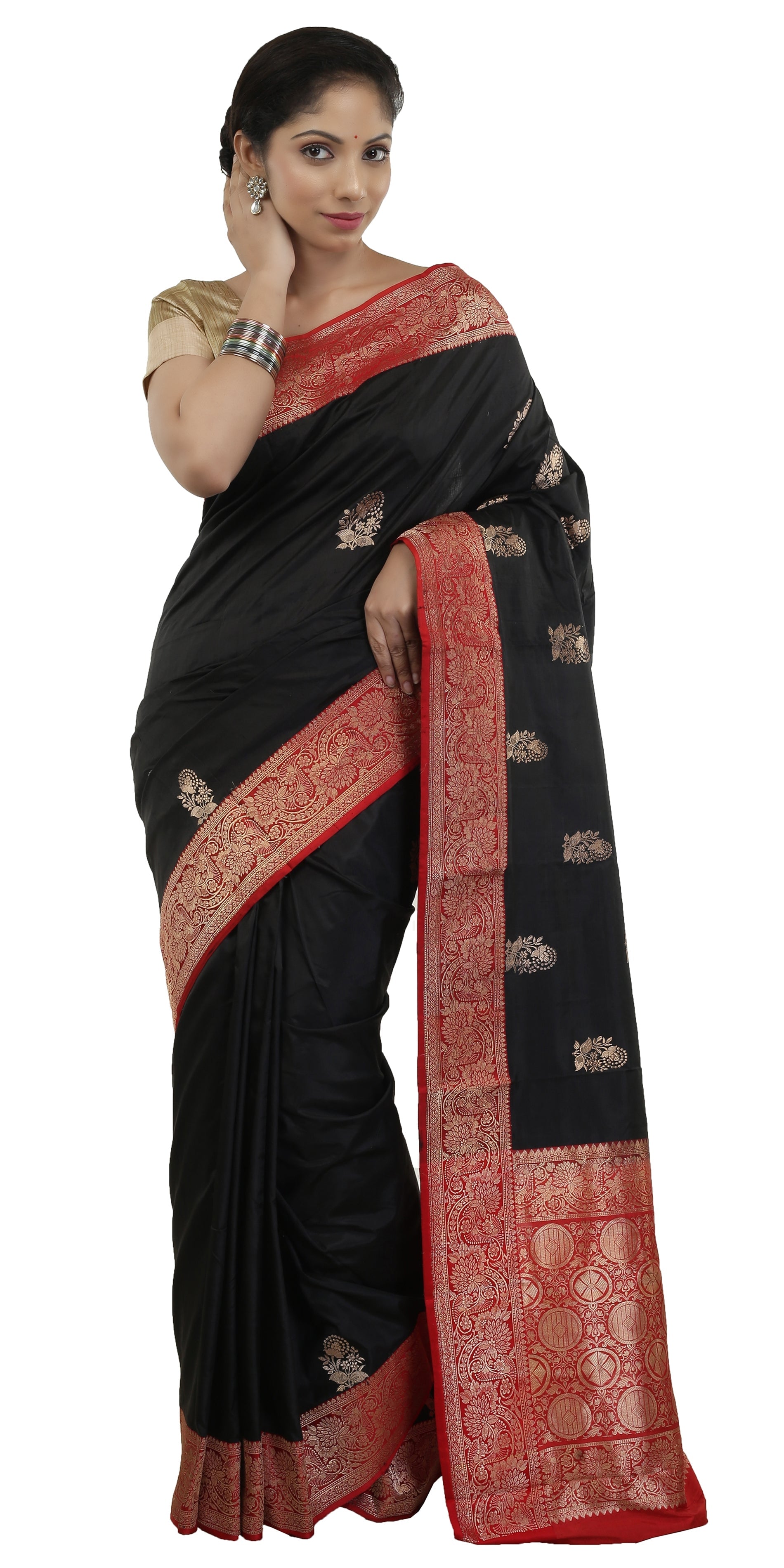 Dollar Buti Katan Banarasi Silk Saree | Black Banarasi Saree | With Re –  IZMA