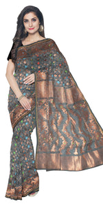 Black Dhakai Jamdani with Floral Motifs-Jamdani saree-parinitasarees