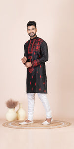 Black Dupion Silk Panjabi with Kantha Embroidery-Men's Kurtas-parinitasarees