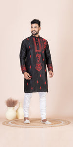 Black Dupion Silk Panjabi with Kantha Embroidery-Men's Kurtas-parinitasarees