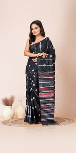 Black Khes Kantha Saree with Floral Patterns-Kantha saree-parinitasarees