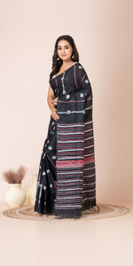 Black Khes Kantha Saree with Floral Patterns-Kantha saree-parinitasarees