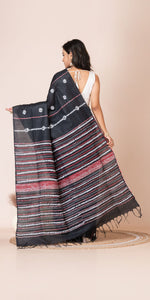 Black Khes Kantha Saree with Floral Patterns-Kantha saree-parinitasarees