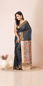 Black Madhubani Painted Bapta Tussar Silk Saree-Tussar Saree-parinitasarees