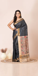 Black Madhubani Painted Bapta Tussar Silk Saree-Tussar Saree-parinitasarees