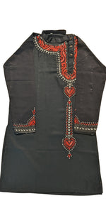 Black Panjabi with Red and White Kantha Embroidery-Men's Kurtas-parinitasarees