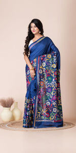 Blue Blended Silk Kantha Saree with Floral Motifs-Kantha saree-parinitasarees