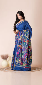 Blue Blended Silk Kantha Saree with Floral Motifs-Kantha saree-parinitasarees