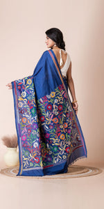 Blue Blended Silk Kantha Saree with Floral Motifs-Kantha saree-parinitasarees