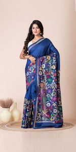 Blue Blended Silk Kantha Saree with Floral Motifs-Kantha saree-parinitasarees