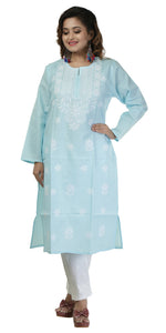 Blue Cotton Chikankari Kurti with Floral Motifs-Women's Chikankari Kurti-parinitasarees