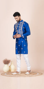 Blue Dupion Silk Panjabi with Kantha Embroidery-Men's Kurtas-parinitasarees