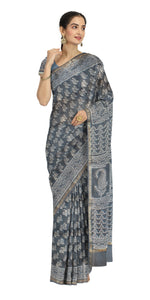 Blue-Grey Chanderi Saree with Dabu Block Prints-Chanderi Sarees-parinitasarees