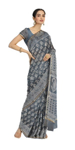 Blue-Grey Chanderi Saree with Dabu Block Prints-Chanderi Sarees-parinitasarees