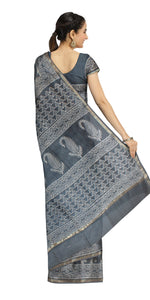 Blue-Grey Chanderi Saree with Dabu Block Prints-Chanderi Sarees-parinitasarees