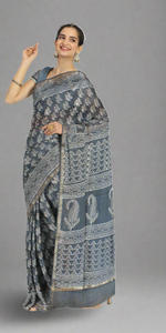 Blue-Grey Chanderi Saree with Dabu Block Prints-Chanderi Sarees-parinitasarees