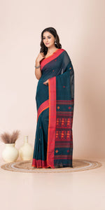 Blue Handspun Cotton Saree with Baluchari Weaves-Handspun Cotton-parinitasarees